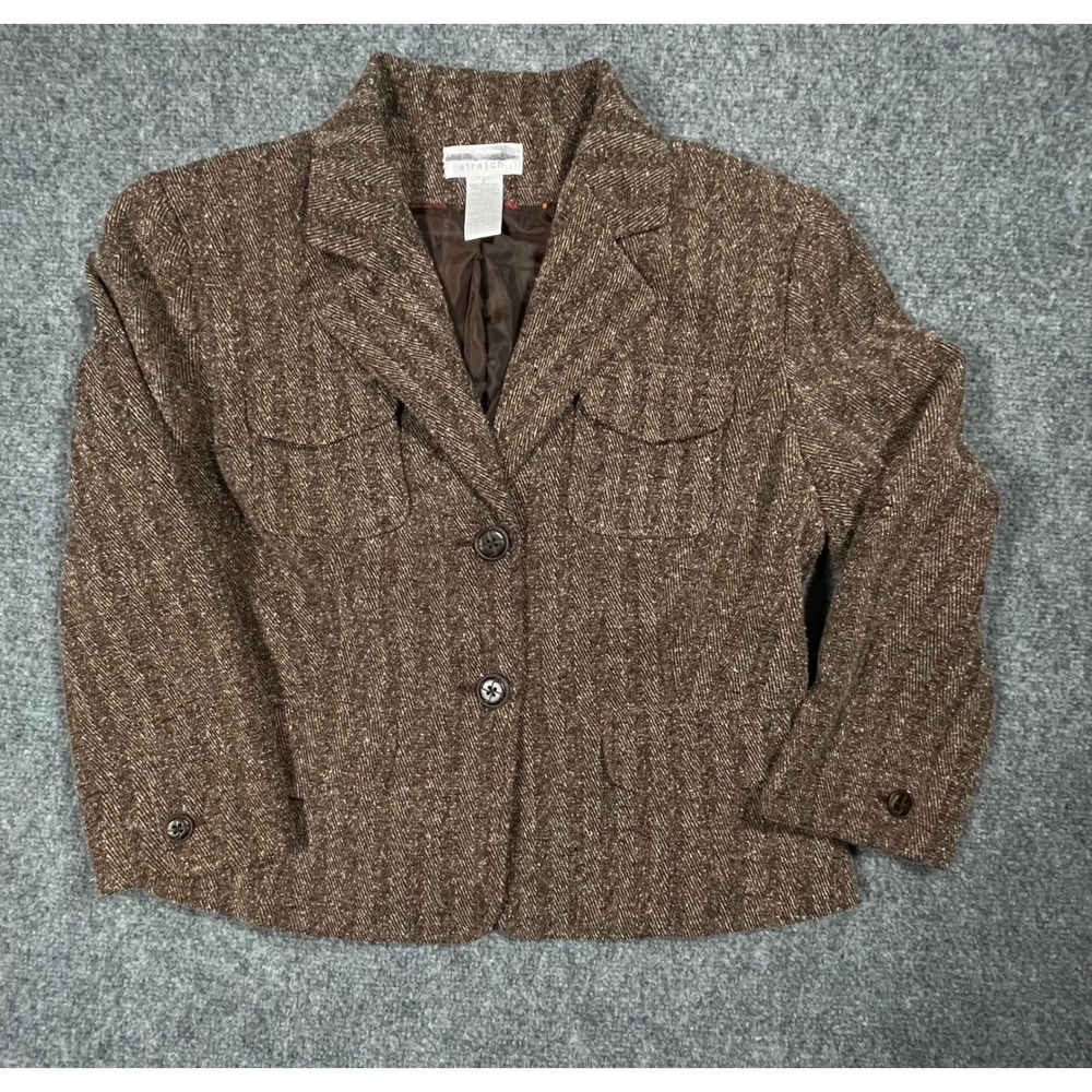 Worthington Blazer Womens 4 Brown Herringbone Tweed‎ Stretch Button Front Jacket